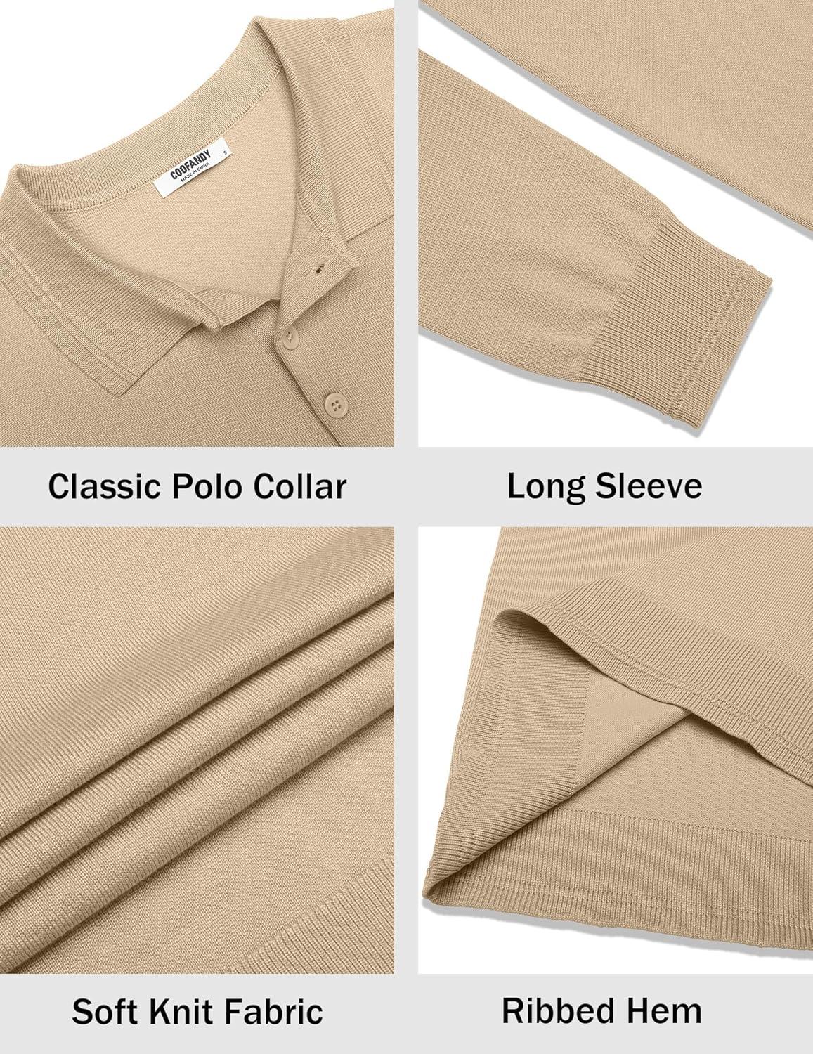imageCOOFANDY Mens Knit Polo Sweater Long Sleeve Casual Golf Polo Lightweight Dress Button Collar Pullover SweatersLight Khaki