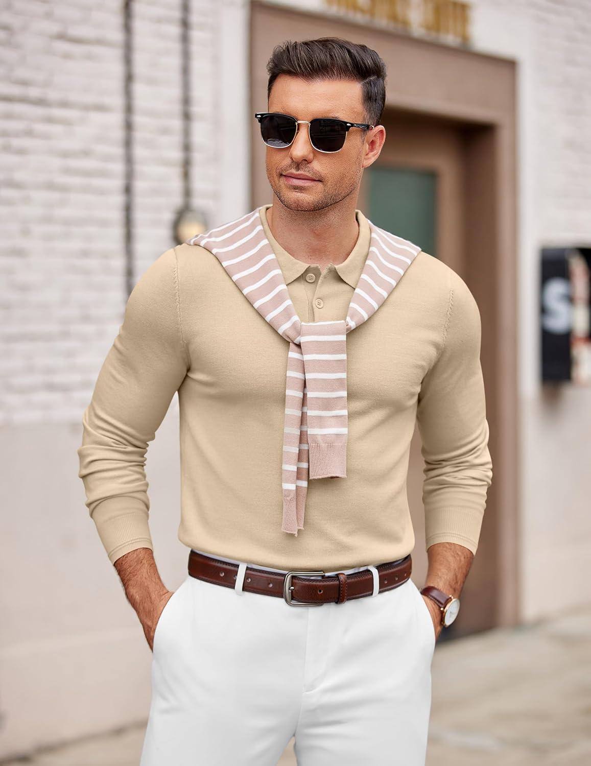 imageCOOFANDY Mens Knit Polo Sweater Long Sleeve Casual Golf Polo Lightweight Dress Button Collar Pullover SweatersLight Khaki