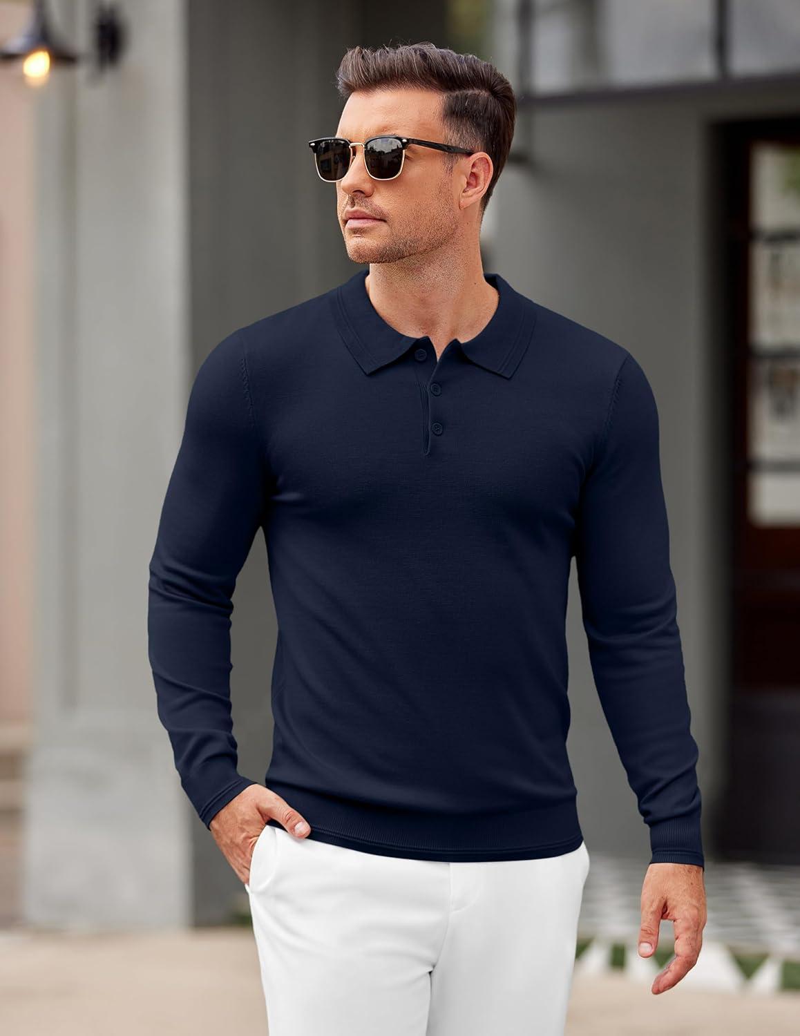 imageCOOFANDY Mens Knit Polo Sweater Long Sleeve Casual Golf Polo Lightweight Dress Button Collar Pullover SweatersNavy Blue