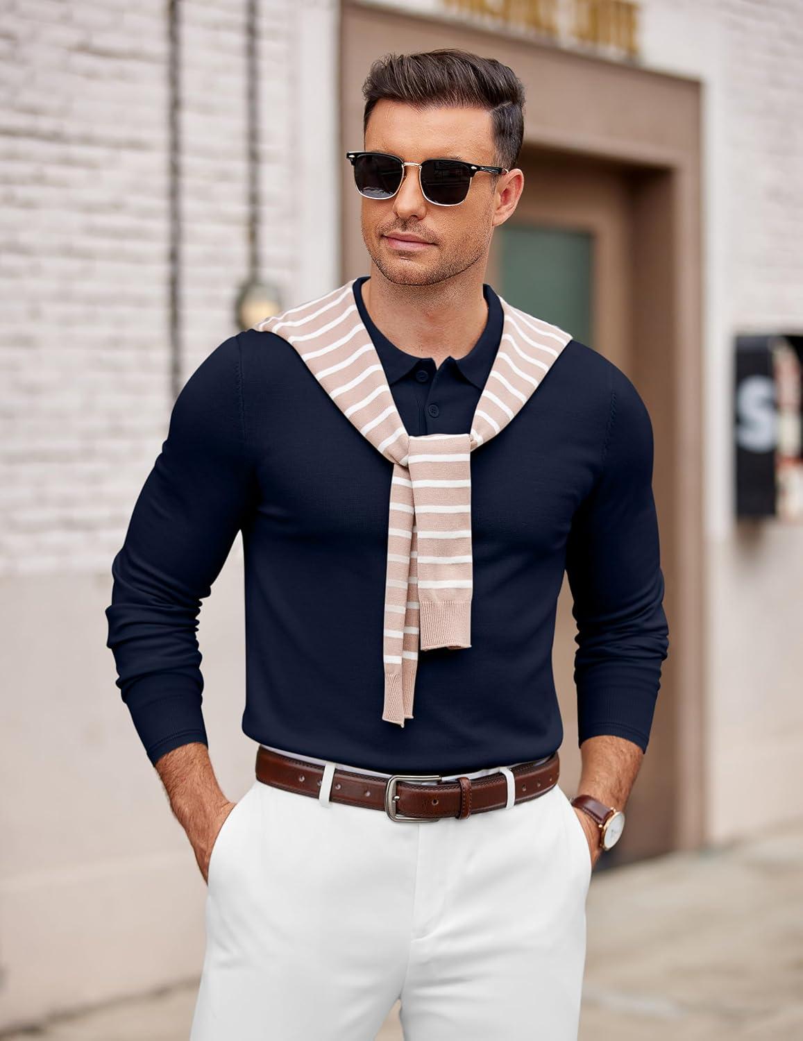 imageCOOFANDY Mens Knit Polo Sweater Long Sleeve Casual Golf Polo Lightweight Dress Button Collar Pullover SweatersNavy Blue