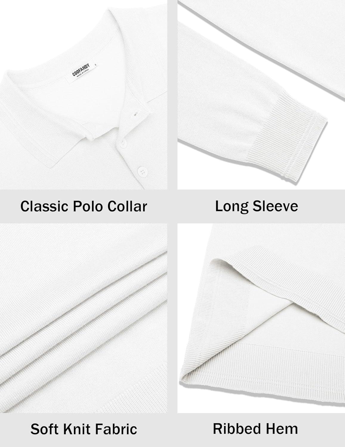 imageCOOFANDY Mens Knit Polo Sweater Long Sleeve Casual Golf Polo Lightweight Dress Button Collar Pullover SweatersWhite
