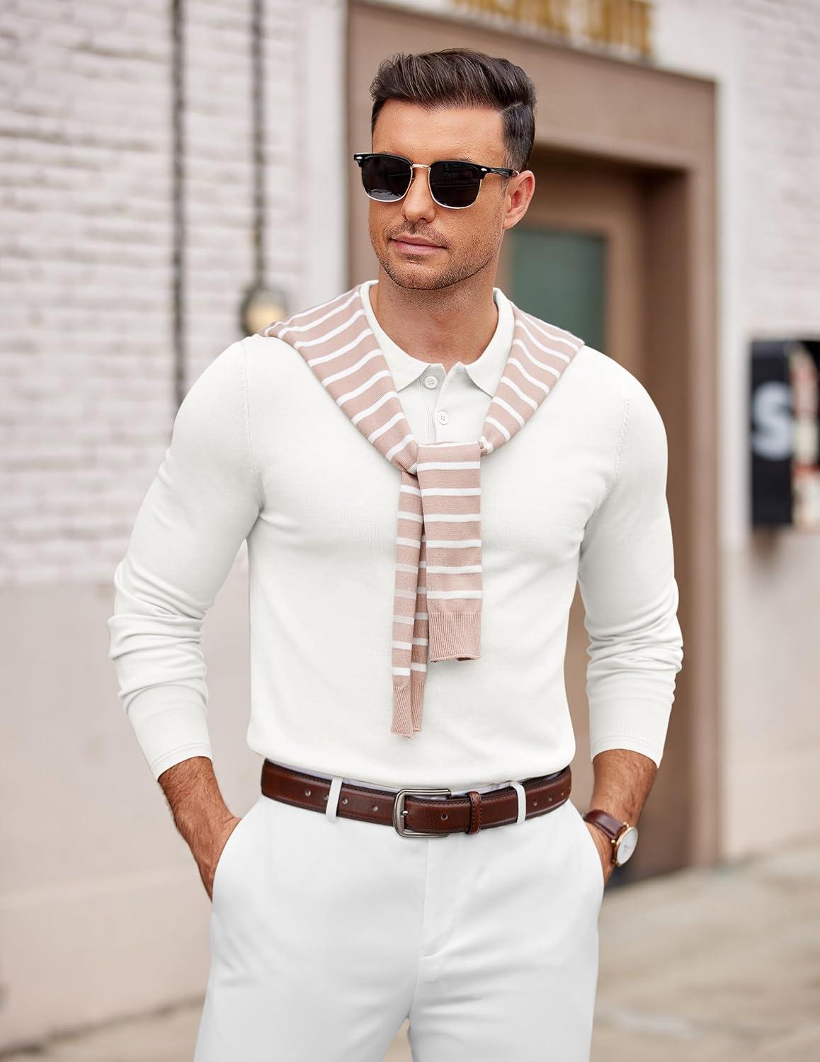 imageCOOFANDY Mens Knit Polo Sweater Long Sleeve Casual Golf Polo Lightweight Dress Button Collar Pullover SweatersWhite