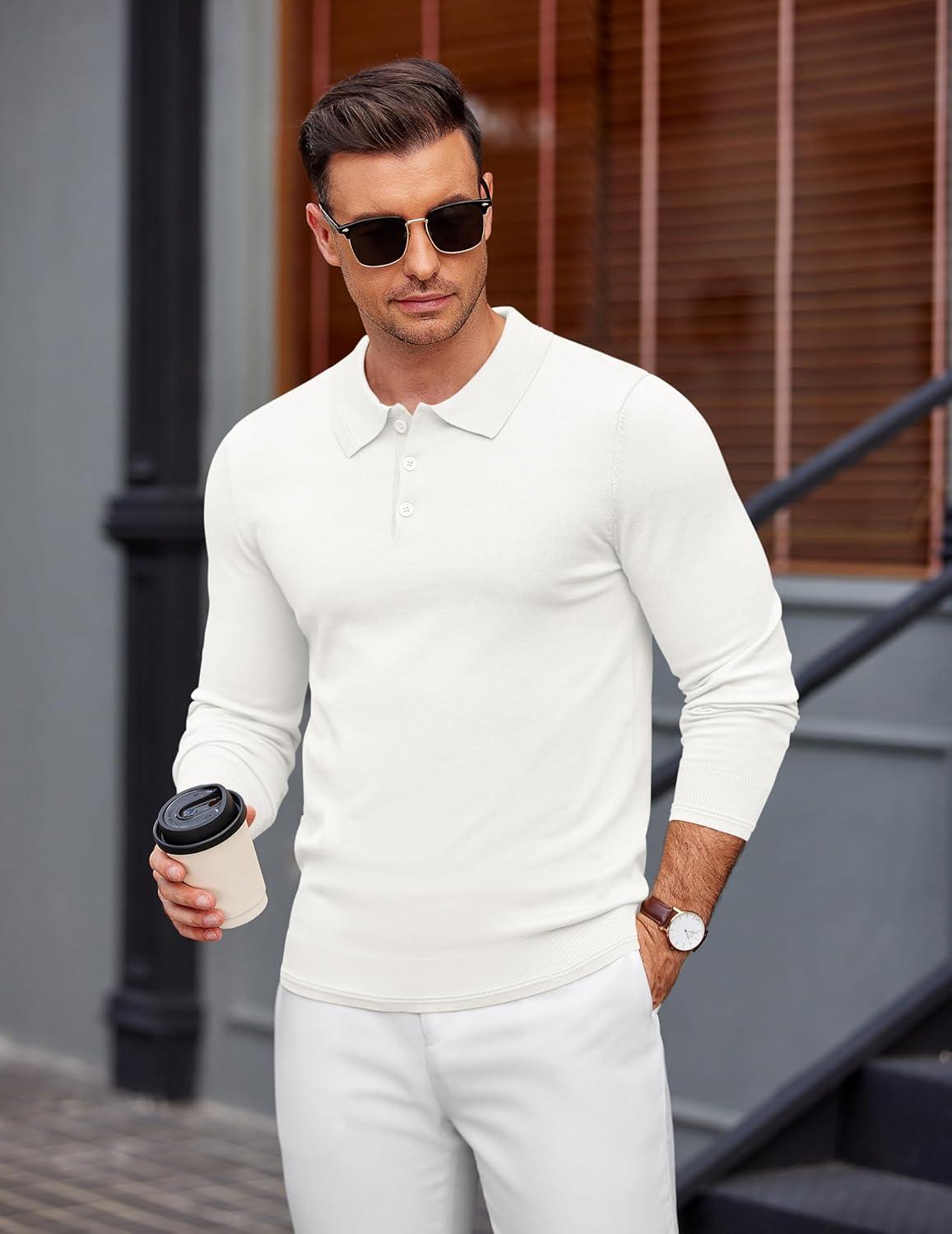 imageCOOFANDY Mens Knit Polo Sweater Long Sleeve Casual Golf Polo Lightweight Dress Button Collar Pullover SweatersWhite