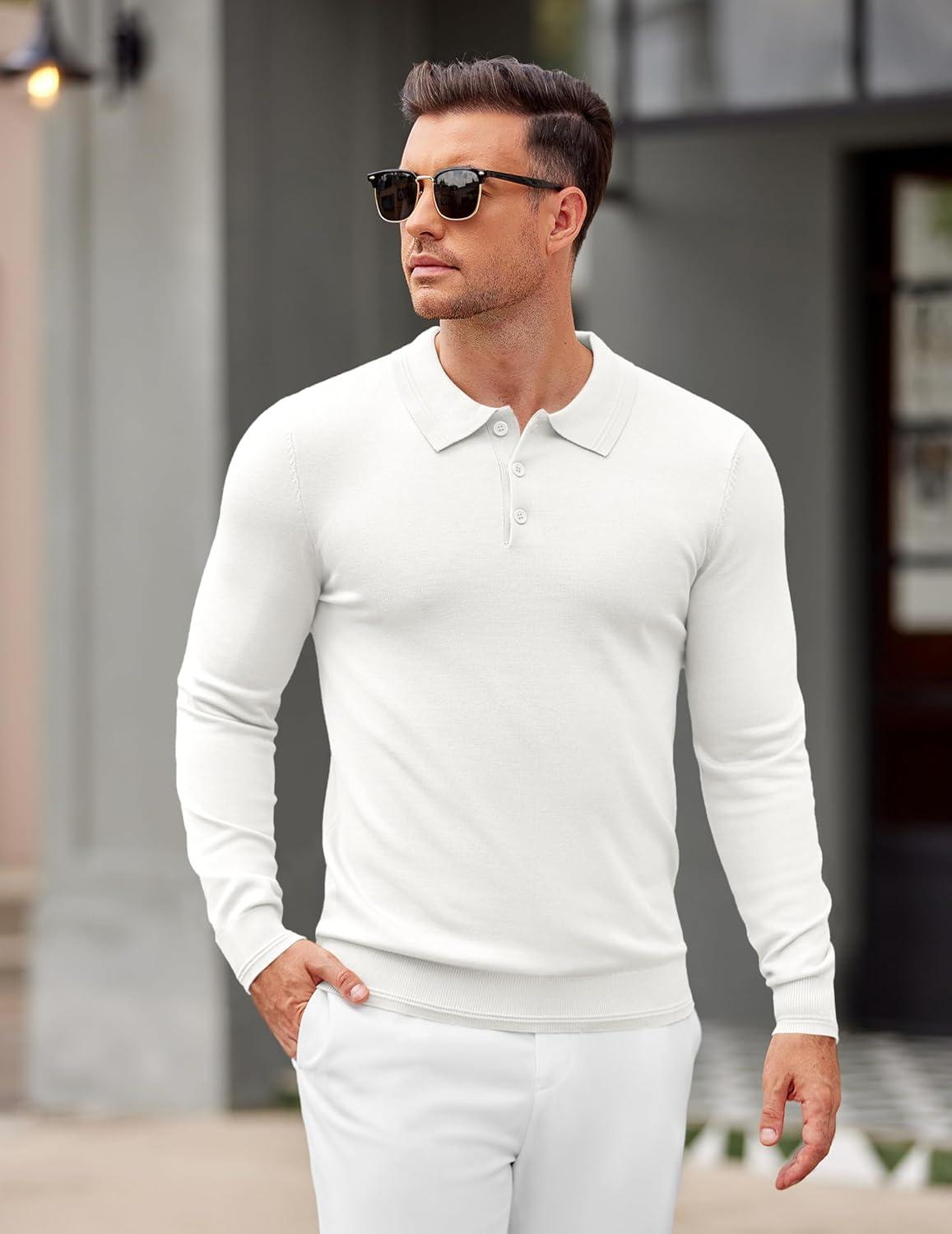 imageCOOFANDY Mens Knit Polo Sweater Long Sleeve Casual Golf Polo Lightweight Dress Button Collar Pullover SweatersWhite
