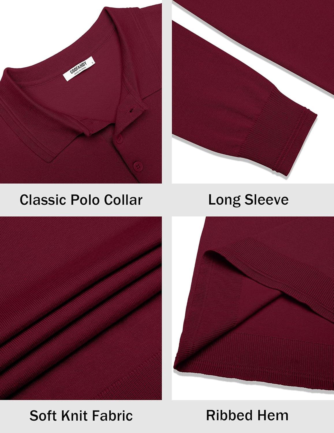 imageCOOFANDY Mens Knit Polo Sweater Long Sleeve Casual Golf Polo Lightweight Dress Button Collar Pullover SweatersWine Red