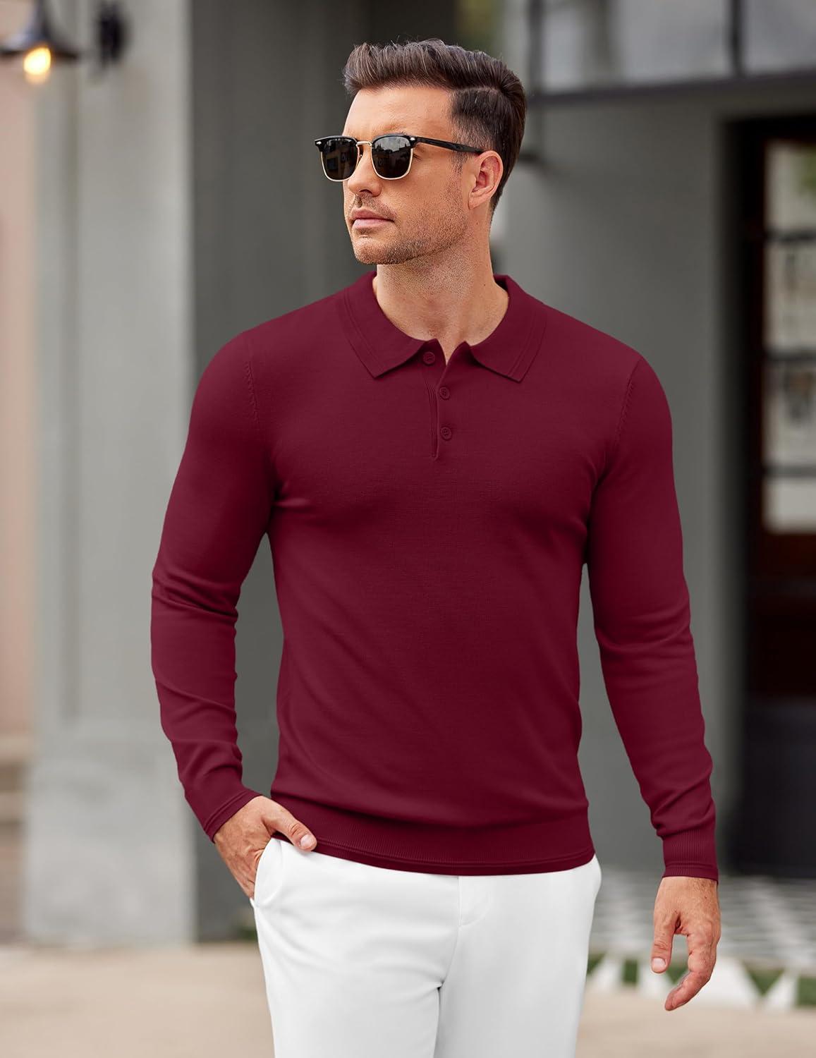 imageCOOFANDY Mens Knit Polo Sweater Long Sleeve Casual Golf Polo Lightweight Dress Button Collar Pullover SweatersWine Red