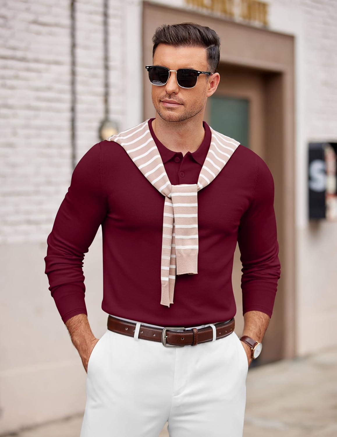 imageCOOFANDY Mens Knit Polo Sweater Long Sleeve Casual Golf Polo Lightweight Dress Button Collar Pullover SweatersWine Red