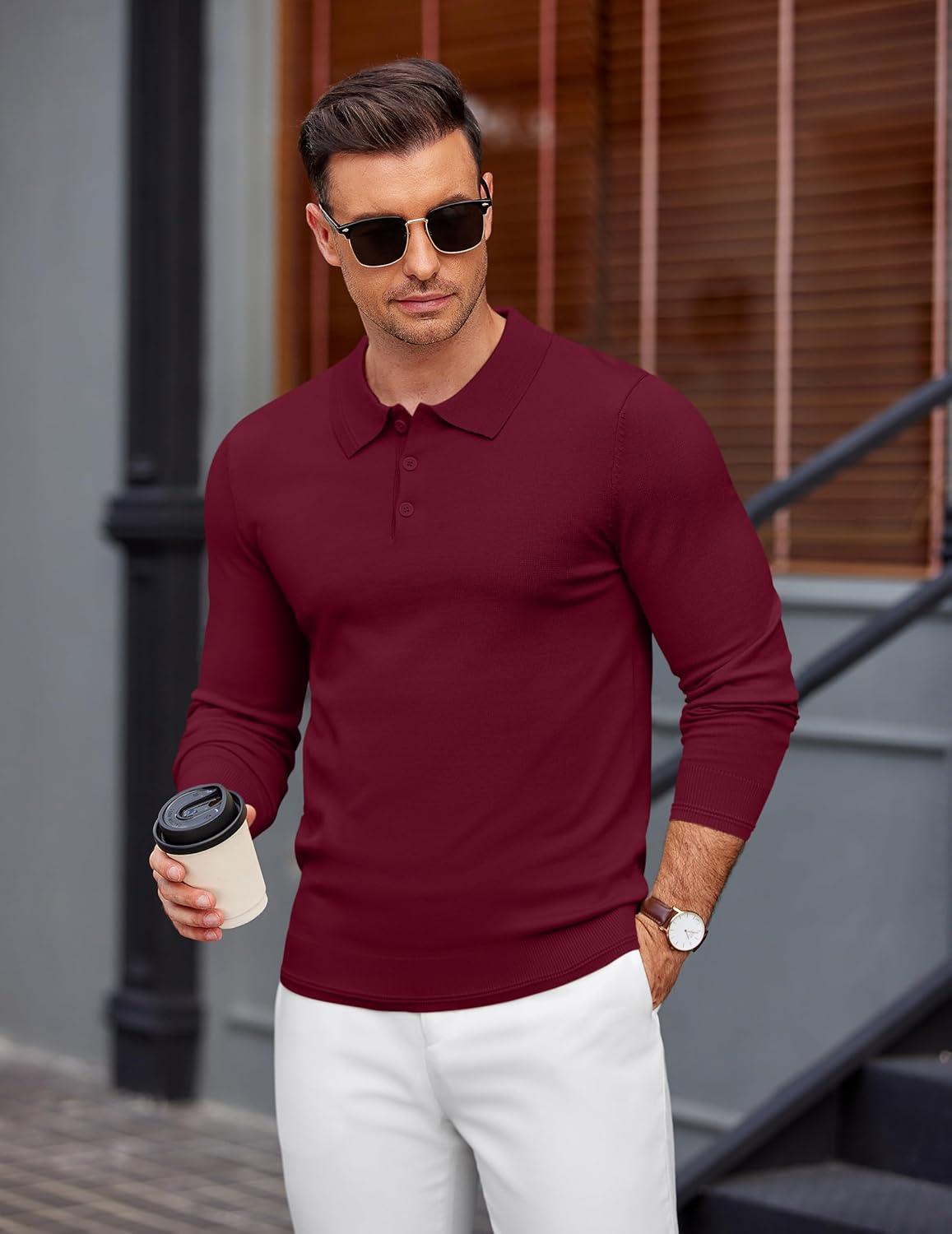 imageCOOFANDY Mens Knit Polo Sweater Long Sleeve Casual Golf Polo Lightweight Dress Button Collar Pullover SweatersWine Red