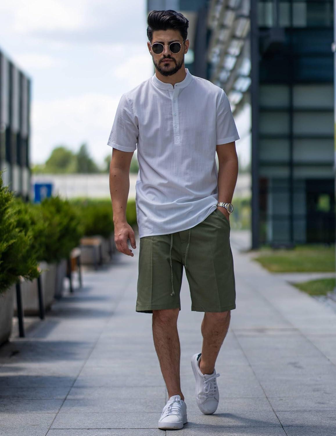 imageCOOFANDY Mens Linen Short Elastic Waist Drawstring Casual Summer Beach ShortsArmy Green