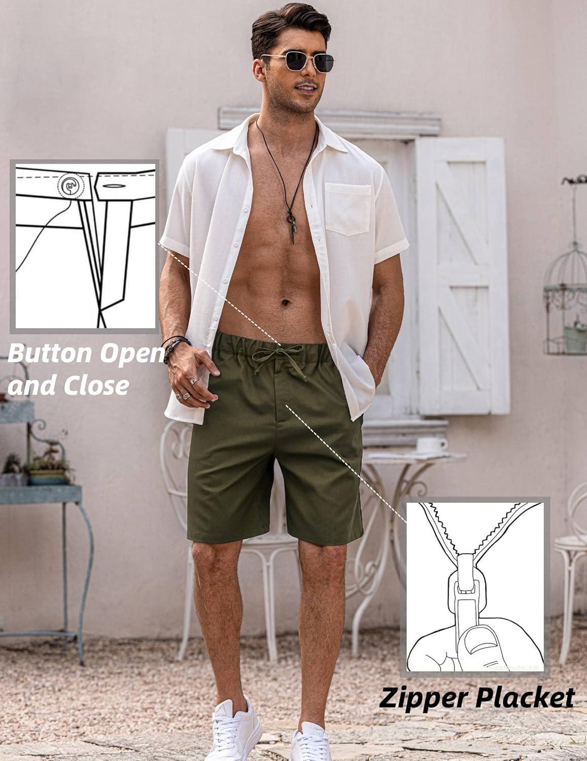 imageCOOFANDY Mens Linen Short Elastic Waist Drawstring Casual Summer Beach ShortsArmy Green