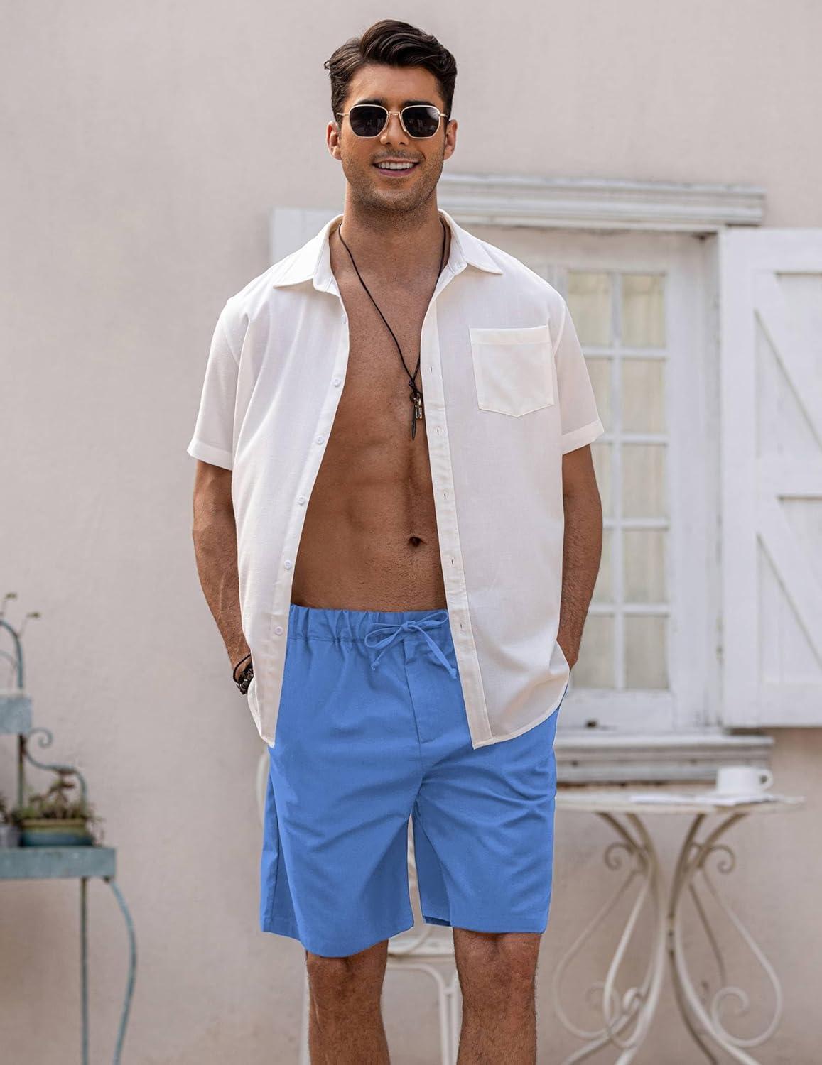 imageCOOFANDY Mens Linen Short Elastic Waist Drawstring Casual Summer Beach ShortsDark Blue
