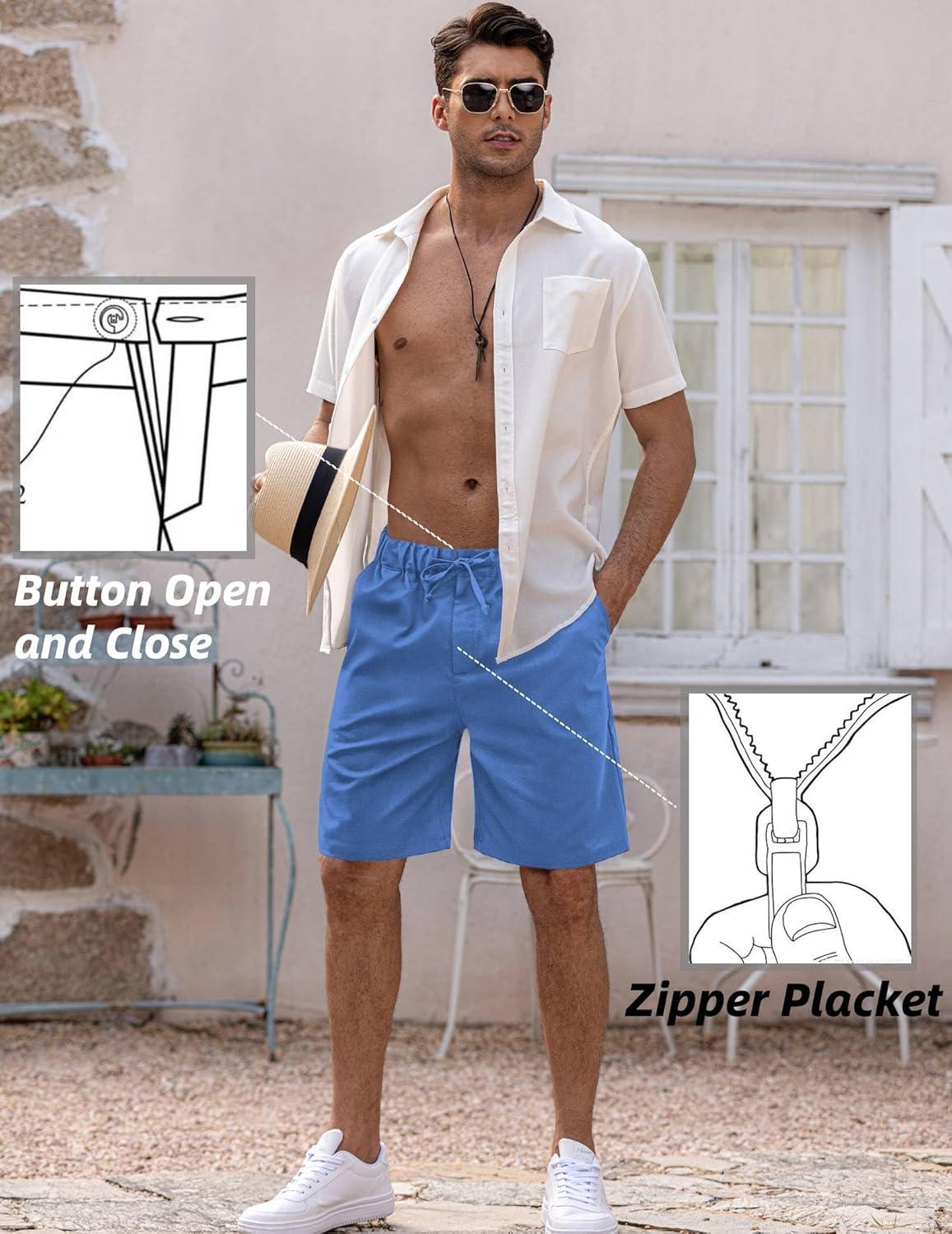 imageCOOFANDY Mens Linen Short Elastic Waist Drawstring Casual Summer Beach ShortsDark Blue