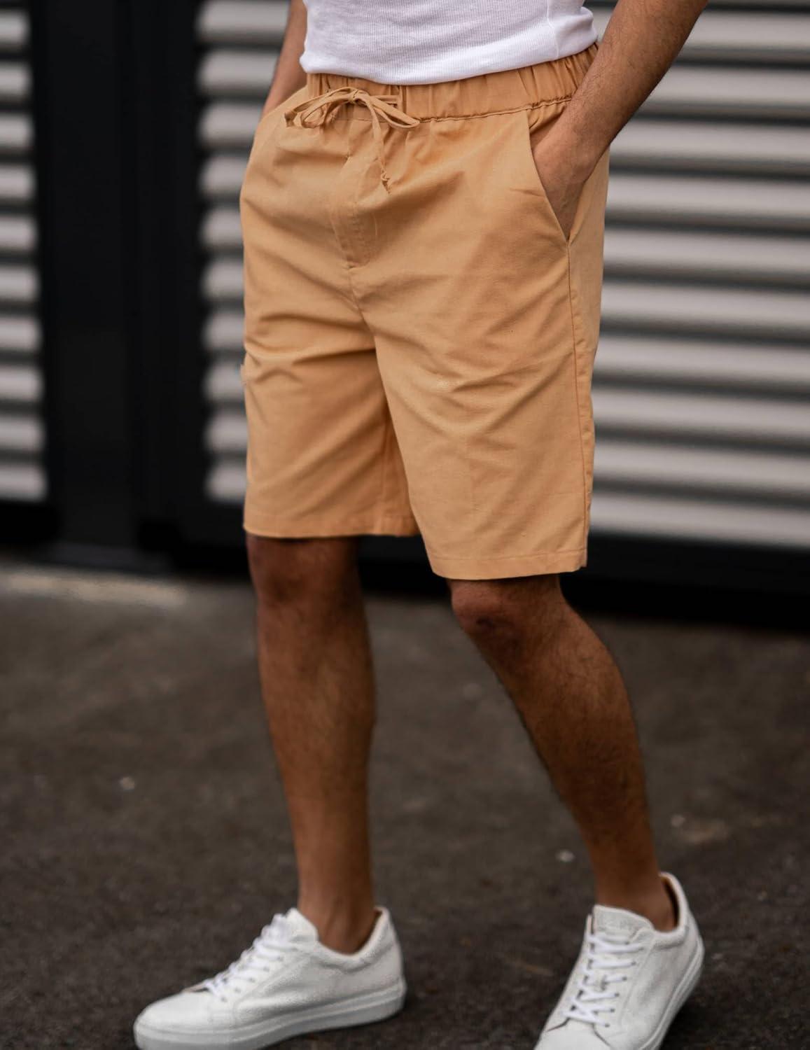 imageCOOFANDY Mens Linen Short Elastic Waist Drawstring Casual Summer Beach ShortsLight Tan