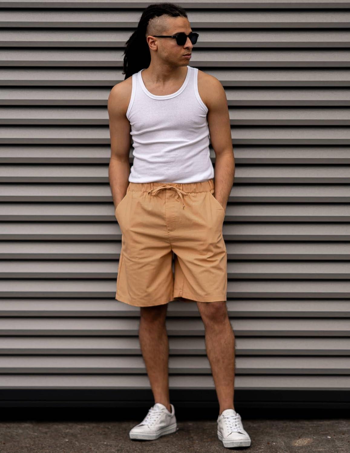 imageCOOFANDY Mens Linen Short Elastic Waist Drawstring Casual Summer Beach ShortsLight Tan