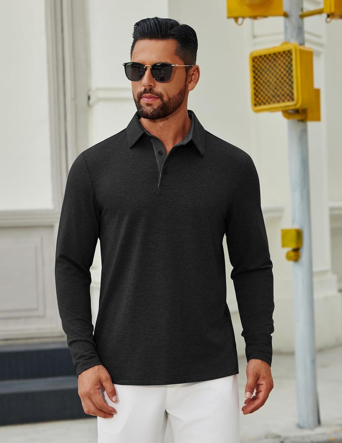 imageCOOFANDY Mens Long Sleeve Polo Shirts Button Casual Tee Collared Work Pullover ShirtsA Black