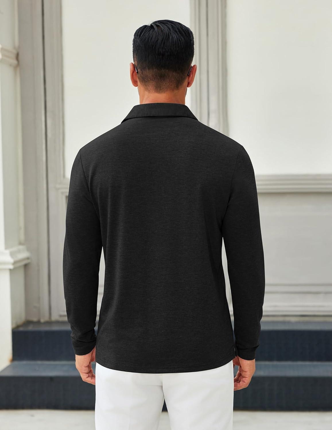 imageCOOFANDY Mens Long Sleeve Polo Shirts Button Casual Tee Collared Work Pullover ShirtsA Black