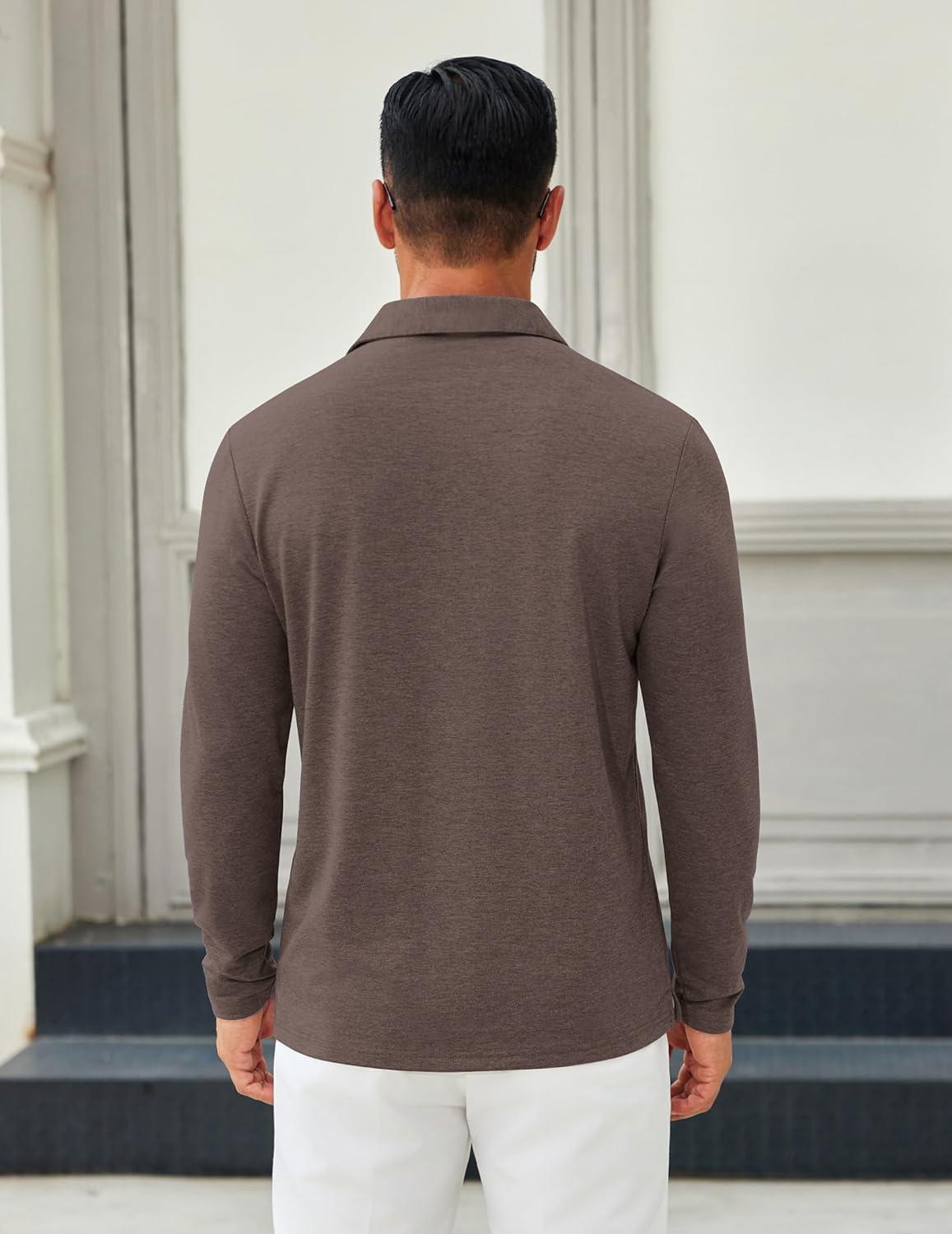 imageCOOFANDY Mens Long Sleeve Polo Shirts Button Casual Tee Collared Work Pullover ShirtsBrown