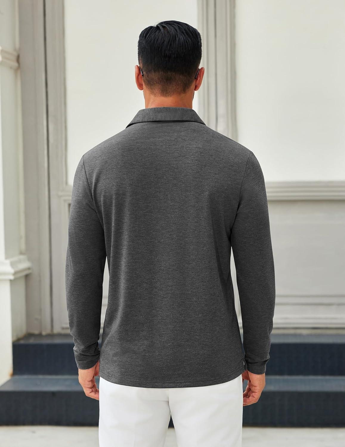 imageCOOFANDY Mens Long Sleeve Polo Shirts Button Casual Tee Collared Work Pullover ShirtsDark Grey