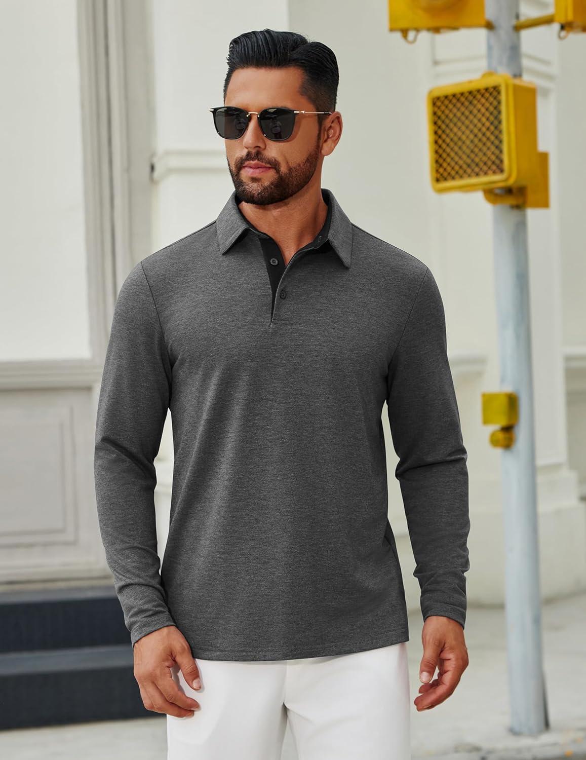 imageCOOFANDY Mens Long Sleeve Polo Shirts Button Casual Tee Collared Work Pullover ShirtsDark Grey