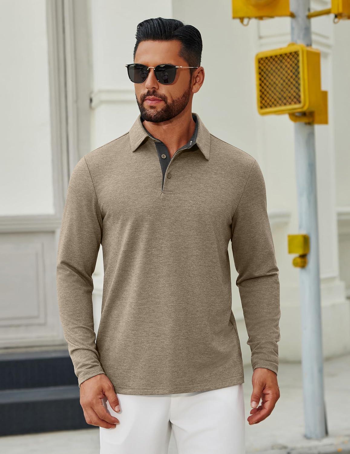 imageCOOFANDY Mens Long Sleeve Polo Shirts Button Casual Tee Collared Work Pullover ShirtsKhaki