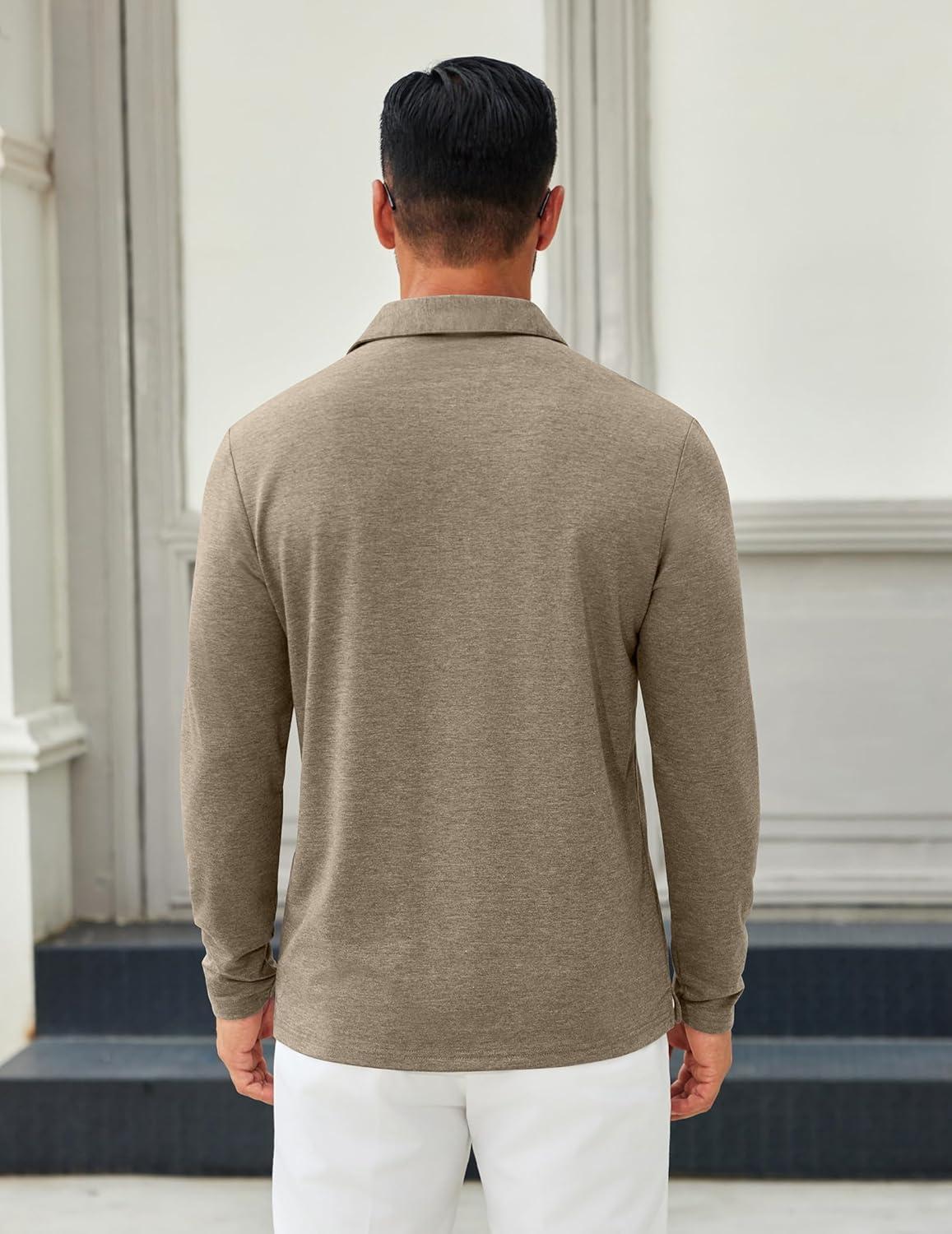 imageCOOFANDY Mens Long Sleeve Polo Shirts Button Casual Tee Collared Work Pullover ShirtsKhaki