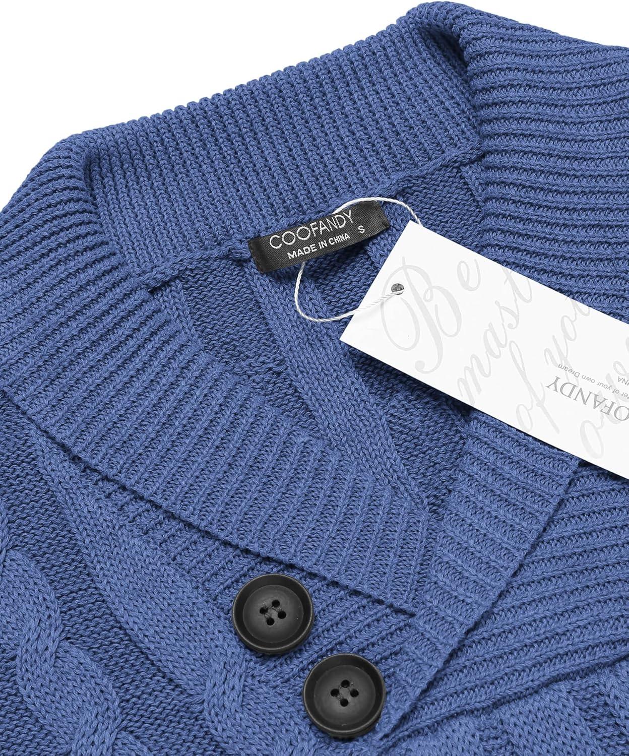 imageCOOFANDY Mens Shawl Collar Pullover Sweater Slim Fit Casual Button Cable Knit SweatersGray Blue