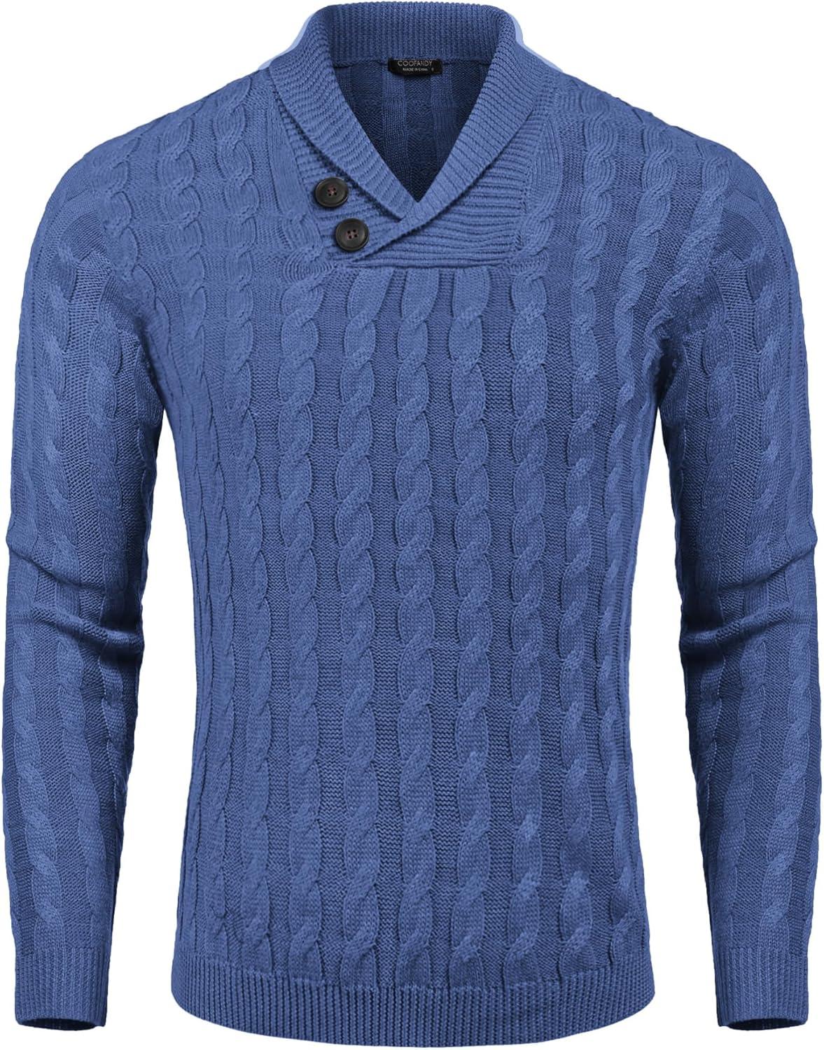 imageCOOFANDY Mens Shawl Collar Pullover Sweater Slim Fit Casual Button Cable Knit SweatersGray Blue