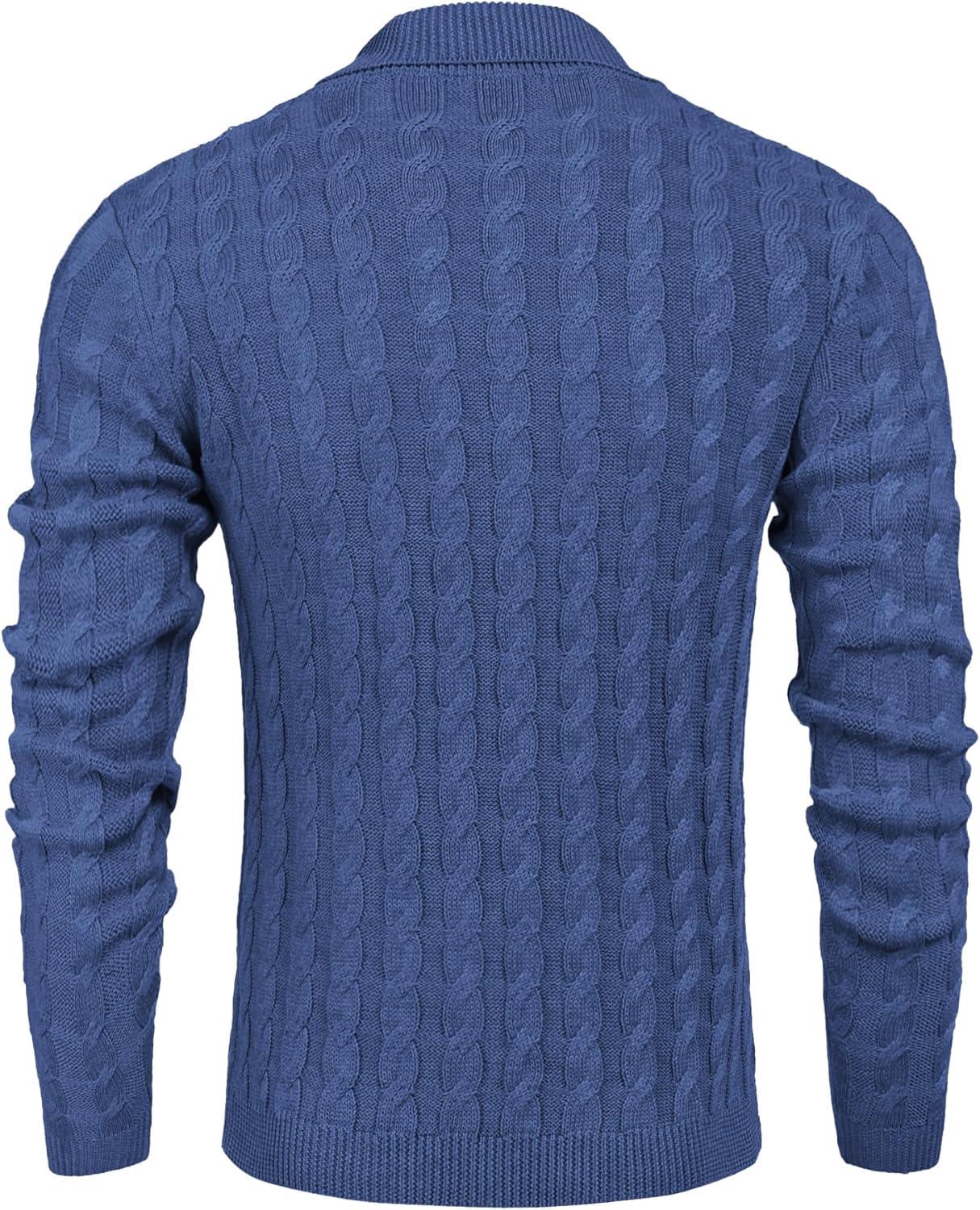 imageCOOFANDY Mens Shawl Collar Pullover Sweater Slim Fit Casual Button Cable Knit SweatersGray Blue