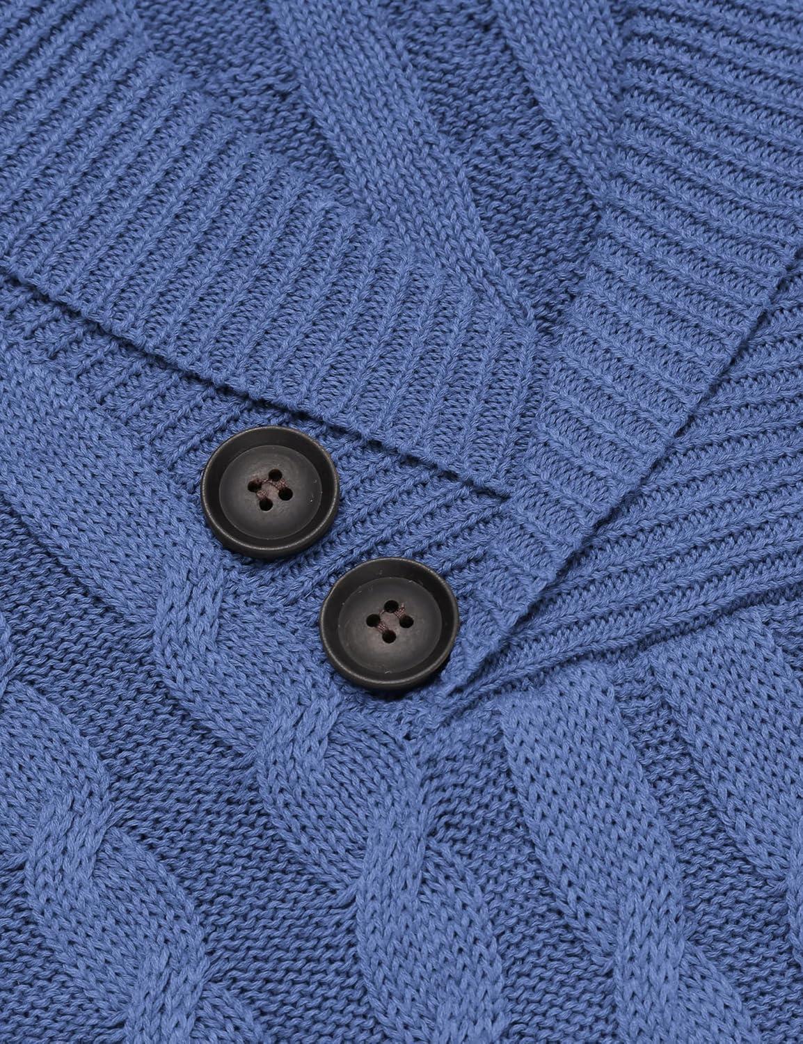 imageCOOFANDY Mens Shawl Collar Pullover Sweater Slim Fit Casual Button Cable Knit SweatersGray Blue