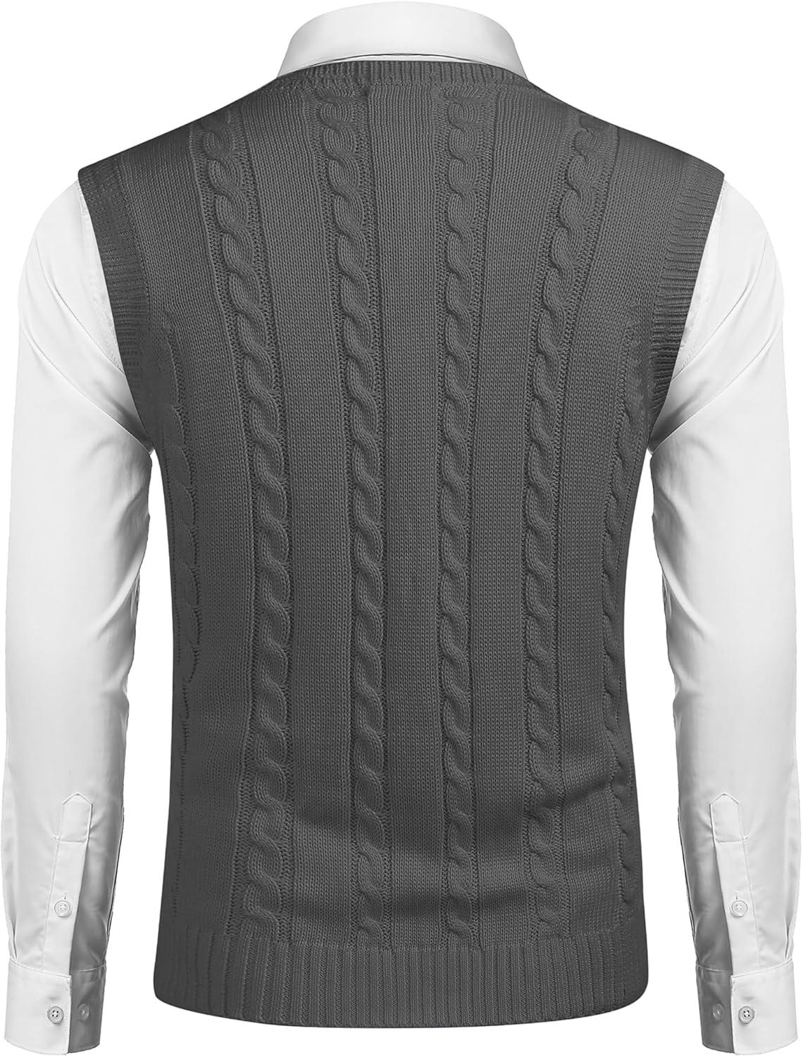 imageCOOFANDY Mens Sweater Vest V Neck Slim Fit Casual Sleeveless Twisted Knitted Pullover SweaterSolid Dark Grey