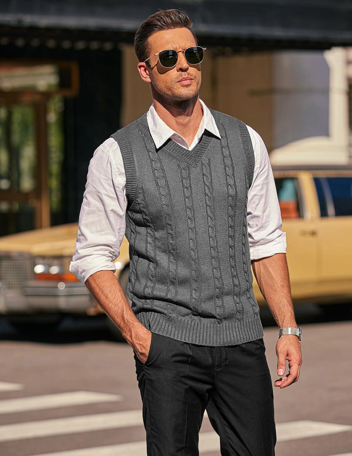 imageCOOFANDY Mens Sweater Vest V Neck Slim Fit Casual Sleeveless Twisted Knitted Pullover SweaterSolid Dark Grey