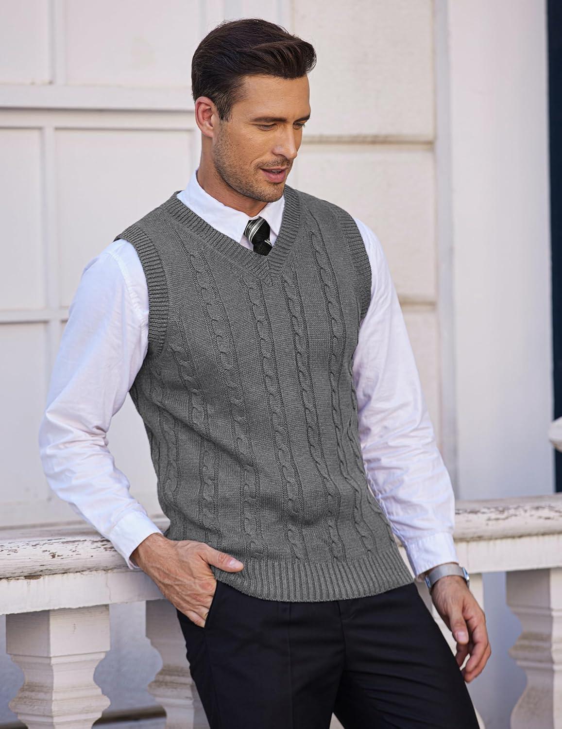 imageCOOFANDY Mens Sweater Vest V Neck Slim Fit Casual Sleeveless Twisted Knitted Pullover SweaterSolid Dark Grey