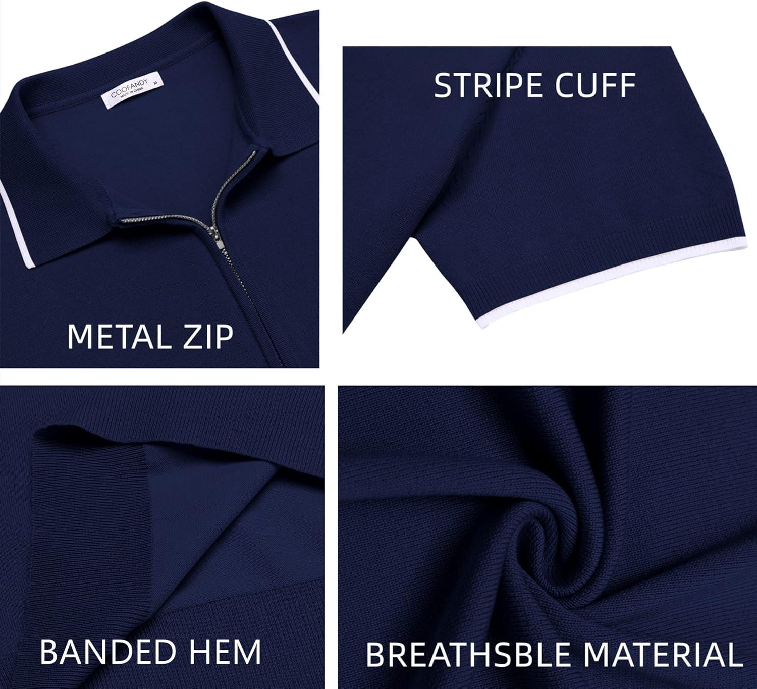 imageCOOFANDY Mens Zipper Polo Shirt Casual Knit Short Sleeve Polo T Shirt Classic Fit ShirtsNavy Blue