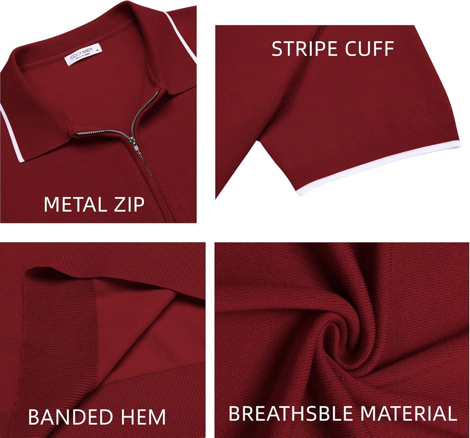 imageCOOFANDY Mens Zipper Polo Shirt Casual Knit Short Sleeve Polo T Shirt Classic Fit ShirtsWine Red