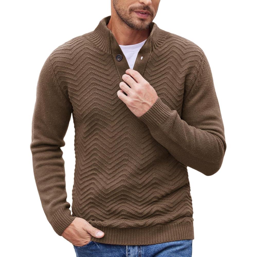 imageCOOFANDY Men Quarter Button Sweater Pullover Cable Knit Henley Mock Neck SweaterBrown