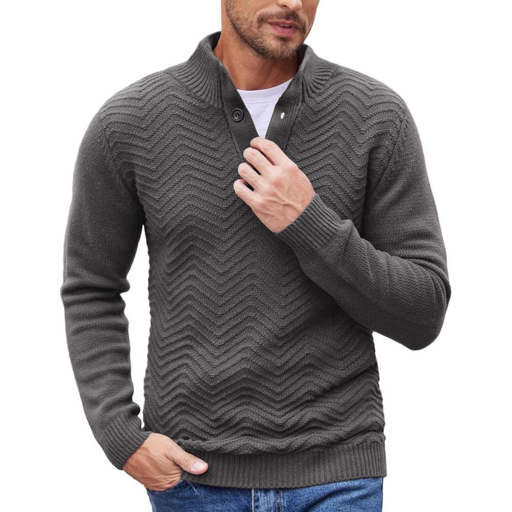 imageCOOFANDY Men Quarter Button Sweater Pullover Cable Knit Henley Mock Neck SweaterDark Grey