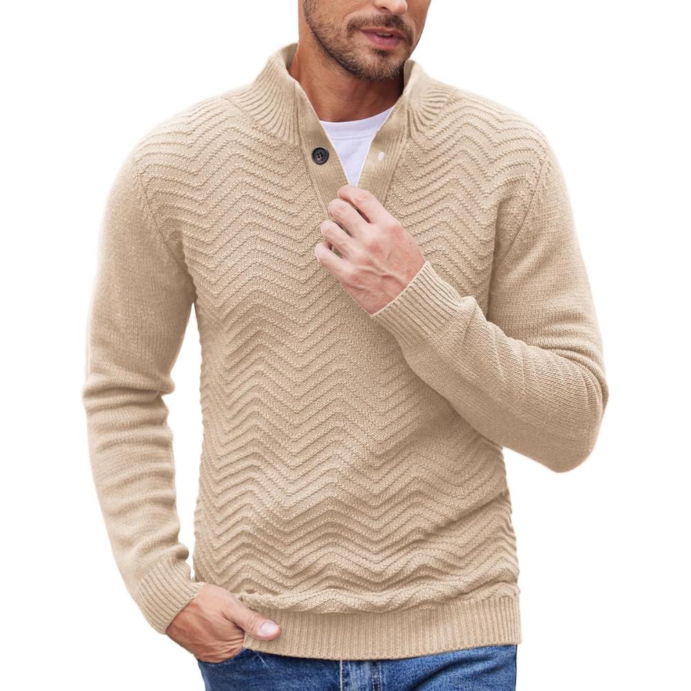 imageCOOFANDY Men Quarter Button Sweater Pullover Cable Knit Henley Mock Neck SweaterLight Khaki