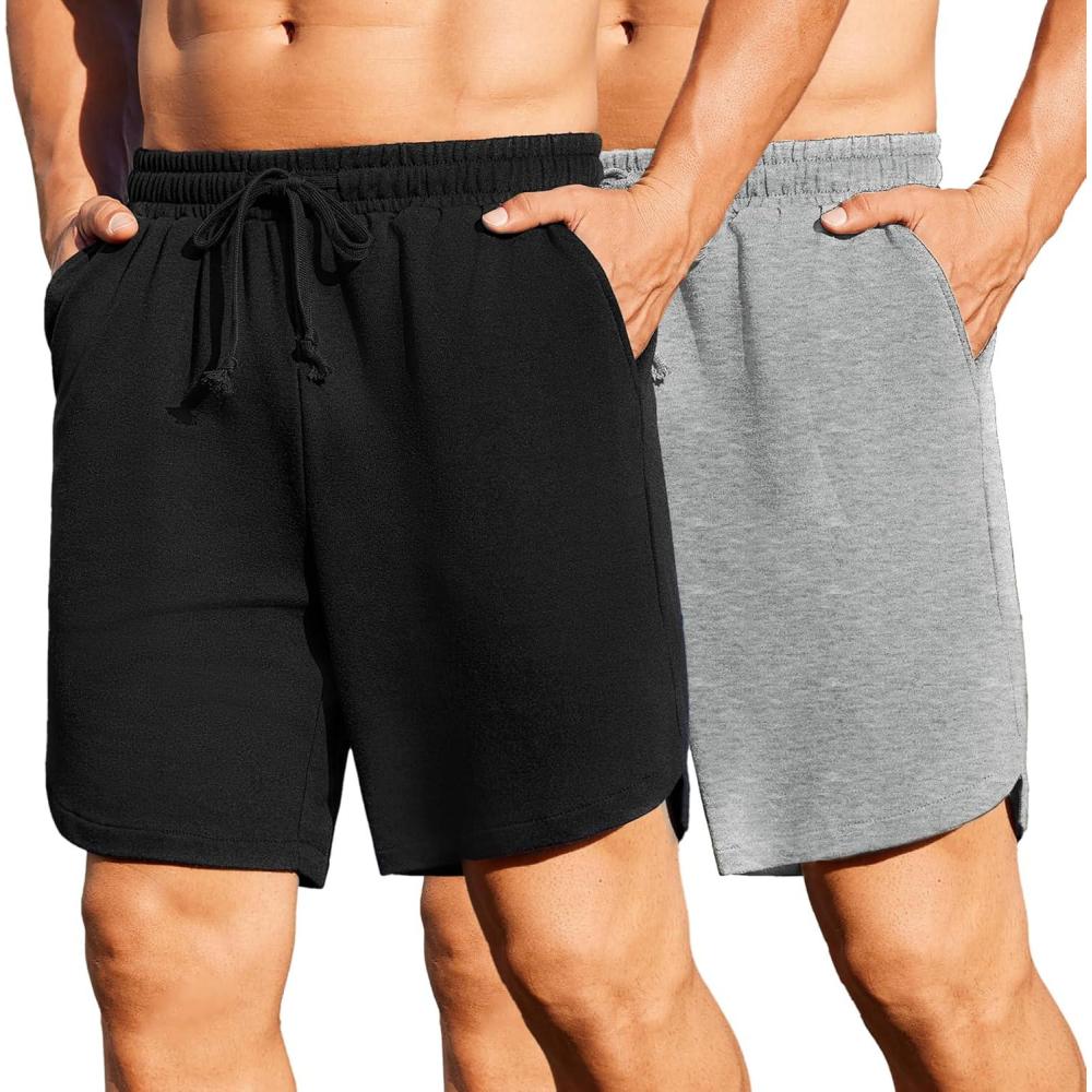 imageCOOFANDY Mens 2 Pack Gym Shorts 7 inch Athletic Workout Shorts Drawstring Sweat Shorts with Zipper Back PocketBlackLight Gray Heather