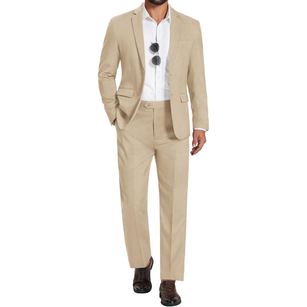 imageCOOFANDY Mens 2 Piece Suits Classic Fit Suit Set 2 Button Blazer Jacket and Dress Pants for Wedding Business PromKhaki