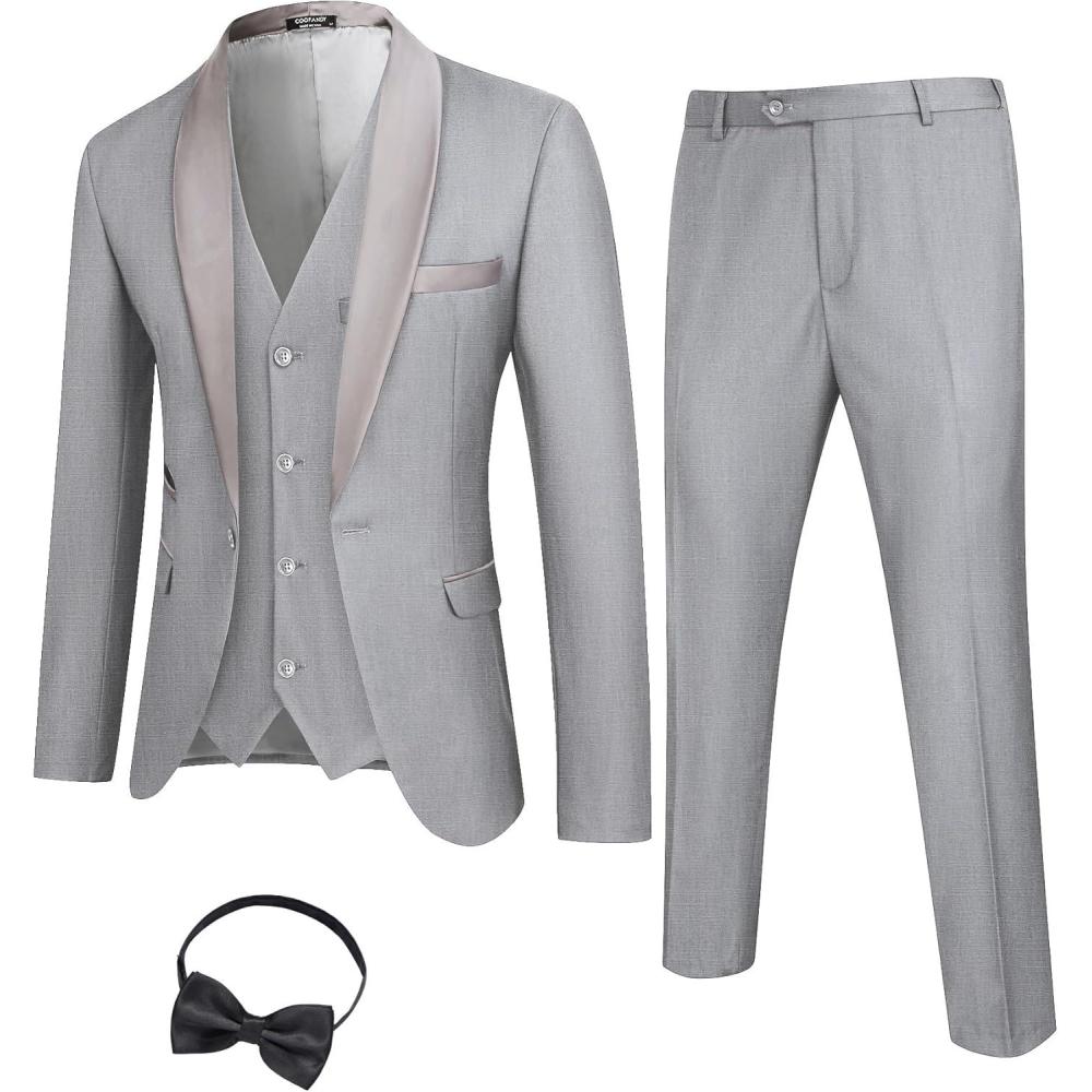 imageCOOFANDY Mens 3 Pieces Suit Slim Fit Tuxedo Set One Button Shawl Lapel Dinner Prom Jacket Vest Pants with TieLight Grey