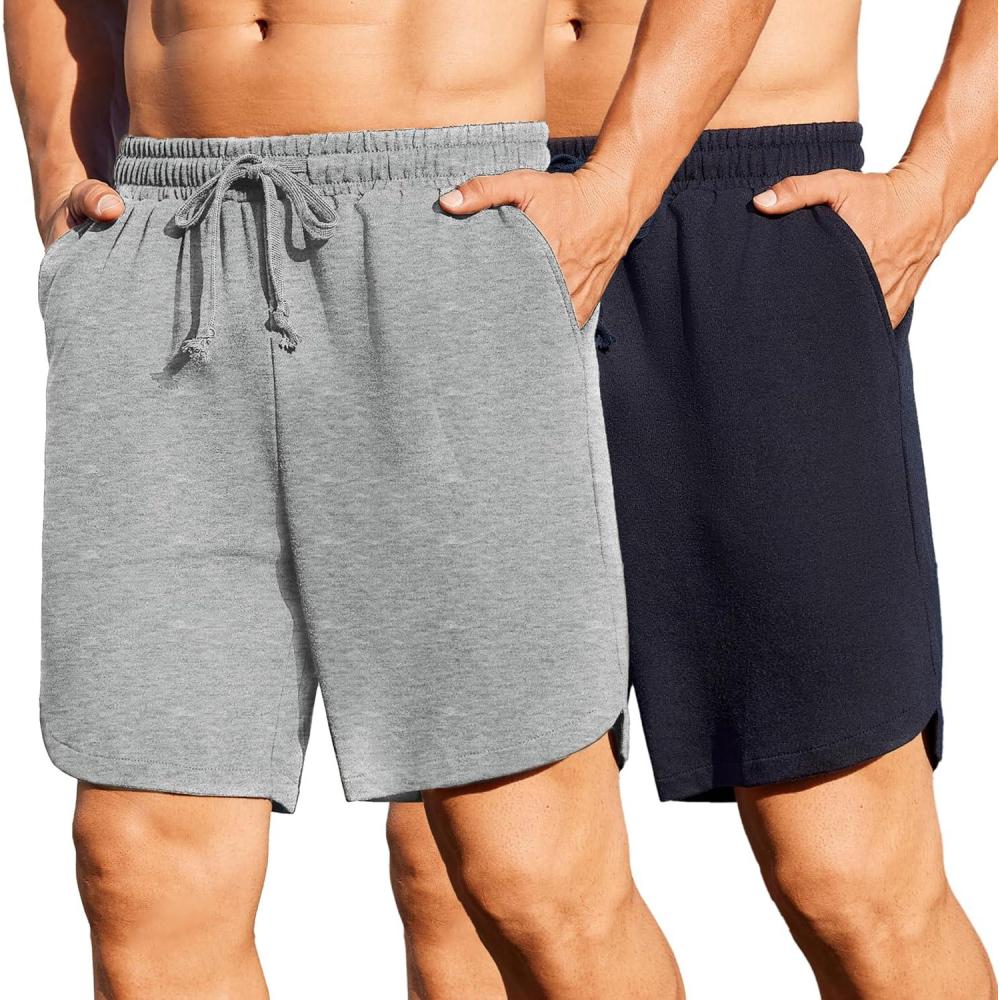 imageCOOFANDY Mens Athletic Shorts 7 Inch Quick Dry Breathable Lightweight Gym Workout Shorts with PocketsNavy BlueLight Gray Heather