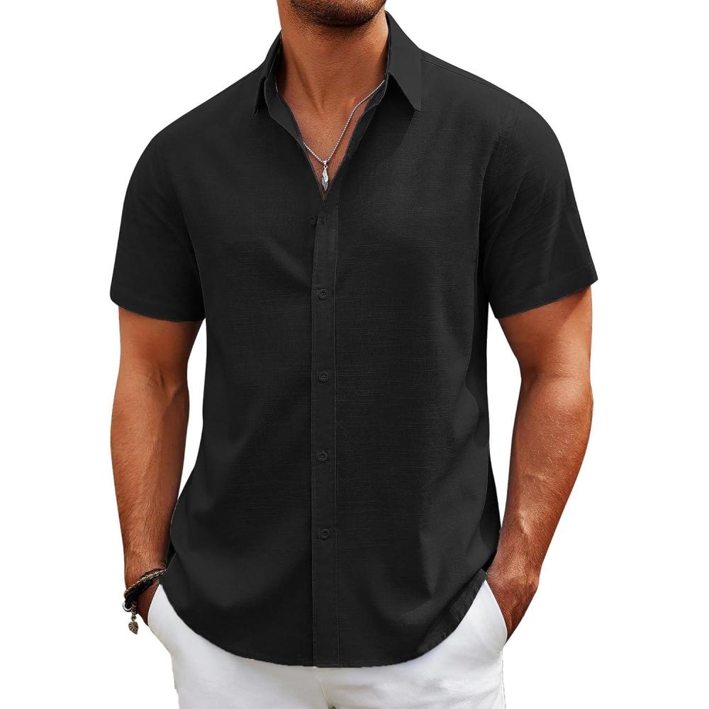 imageCOOFANDY Mens Casual Beach Shirts Short Sleeve Button Down Shirts Summer Vacation Untucked Dress ShirtsAblack