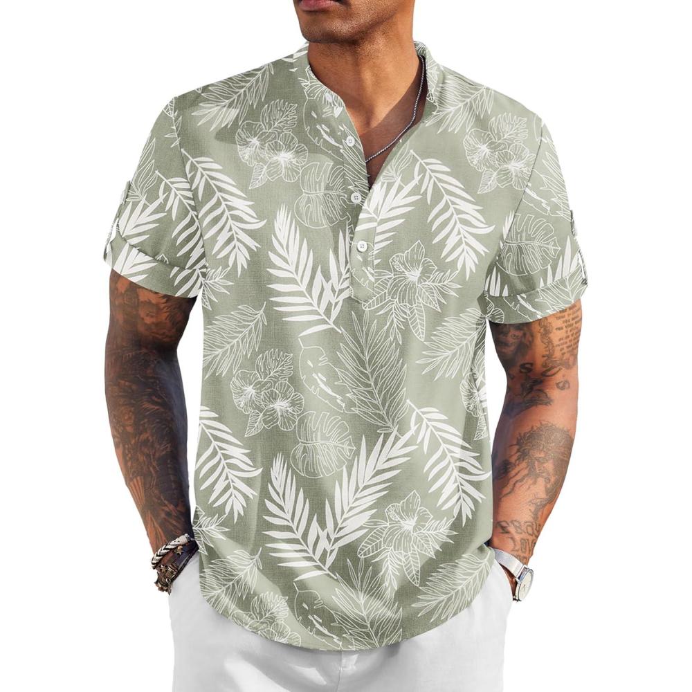 imageCOOFANDY Mens Casual Henley Shirt Short Sleeve Band Collar Linen Shirt Summer Beach Hippie TShirtsLeafsage Green  White