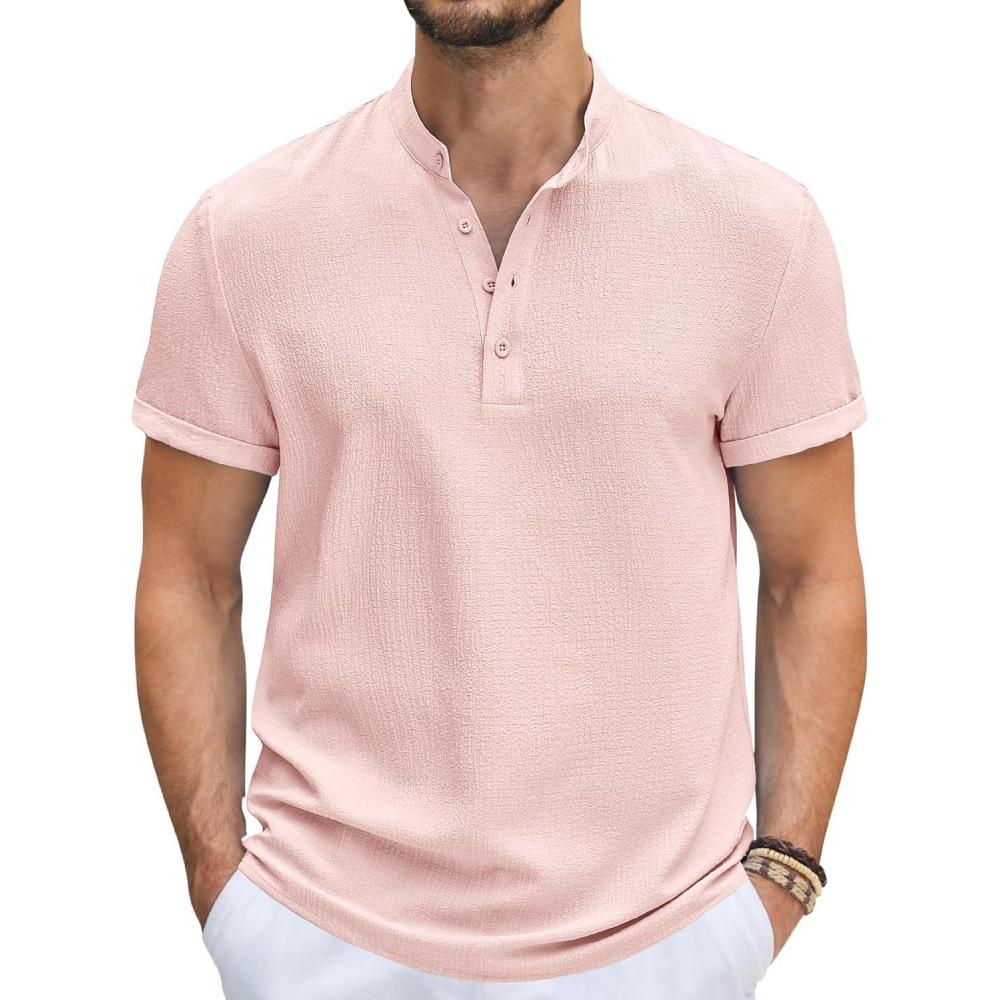 imageCOOFANDY Mens Casual Henley Shirt Short Sleeve Band Collar Shirt Summer Beach Hippie Vacation T Shirt with ButtonDark Pink