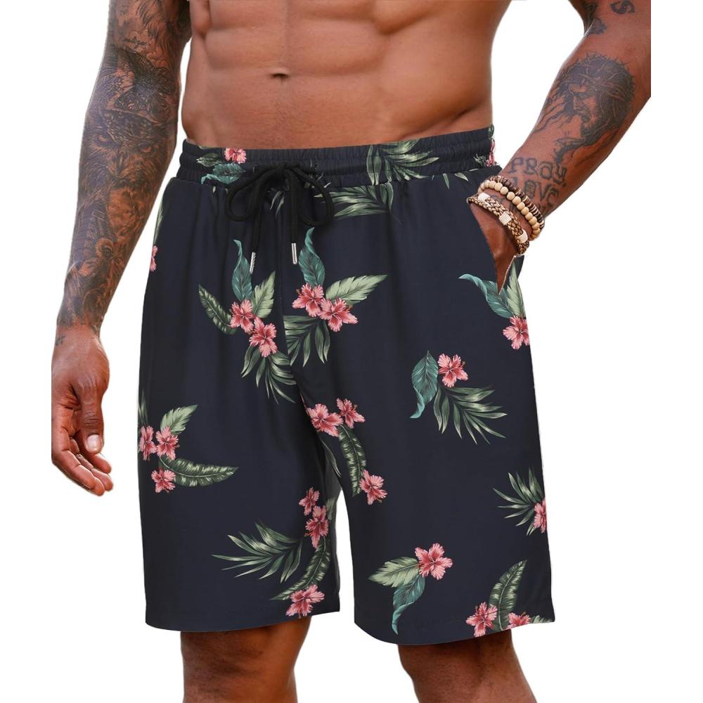 imageCOOFANDY Mens Hawaiian Beach Shorts Elastic Waist Drawstring Lightweight Summer Casual Shorts with PocketNavyflower 2