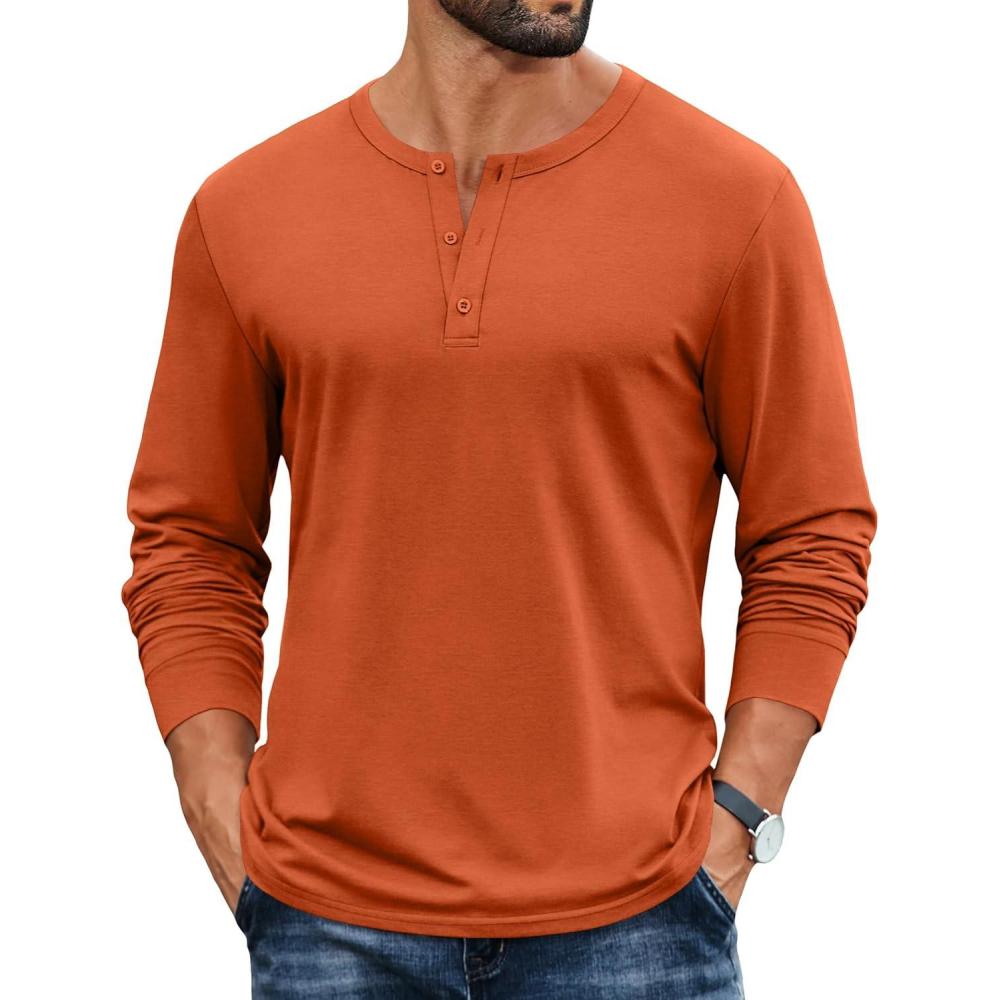 imageCOOFANDY Mens Henley Shirts Cotton Long Sleeve V Neck Button Basic Tees Plain Casual PulloverCaramel