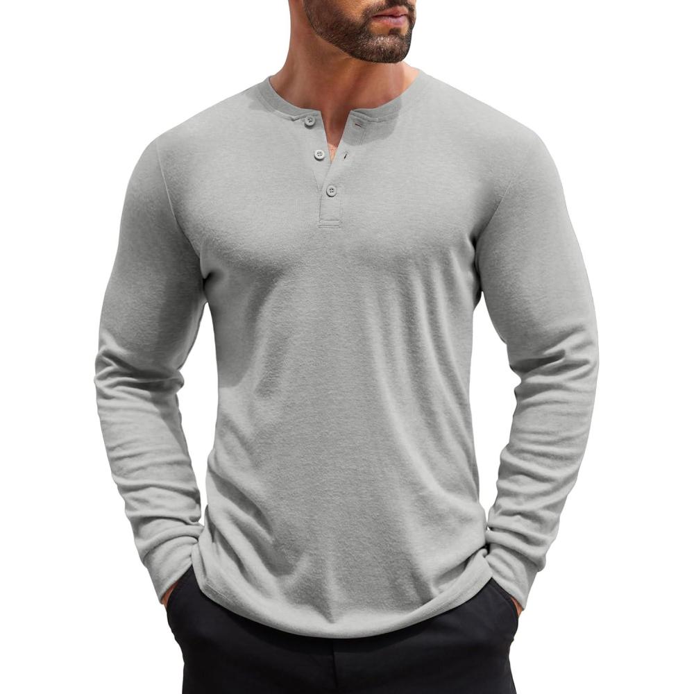 imageCOOFANDY Mens Henley Shirts Long Sleeve Button TShirt Lightweight Fashion Casual Pullover ShirtHeather Grey