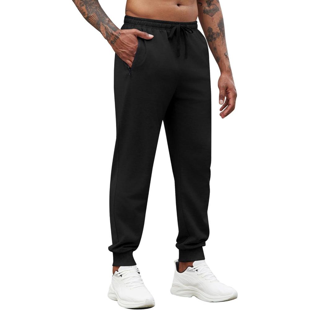 imageCOOFANDY Mens Joggers Drawstring Jogger Sweatpants with Zipper Pockets Lightweight Slim Fit Athletic Track PantsBlack