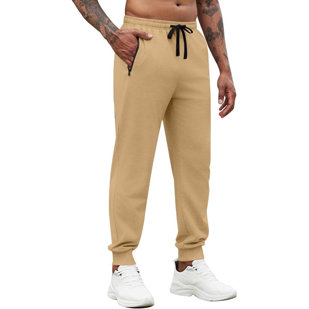 imageCOOFANDY Mens Joggers Drawstring Jogger Sweatpants with Zipper Pockets Lightweight Slim Fit Athletic Track PantsCamel