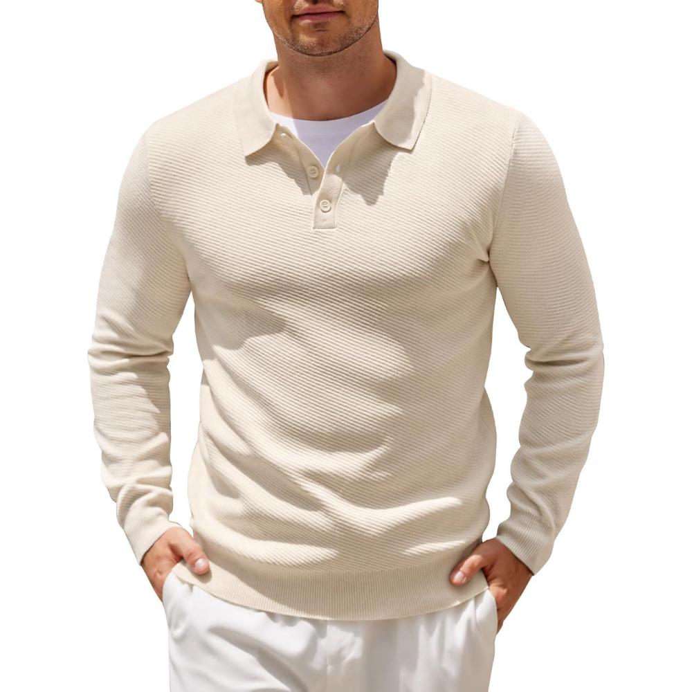 imageCOOFANDY Mens Knit Polo Shirts Casual Long Sleeve Collared Pullover Sweaters Quarter Button Ribbed Vintage Polo SweaterBeige